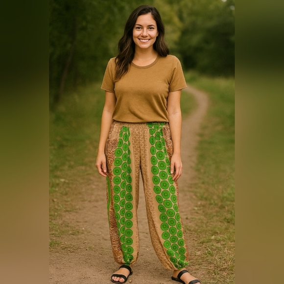 Earthbound Trading Company Bohemian Green Brown Harem Jogger Pants Size Medium - Picture 1 of 6
